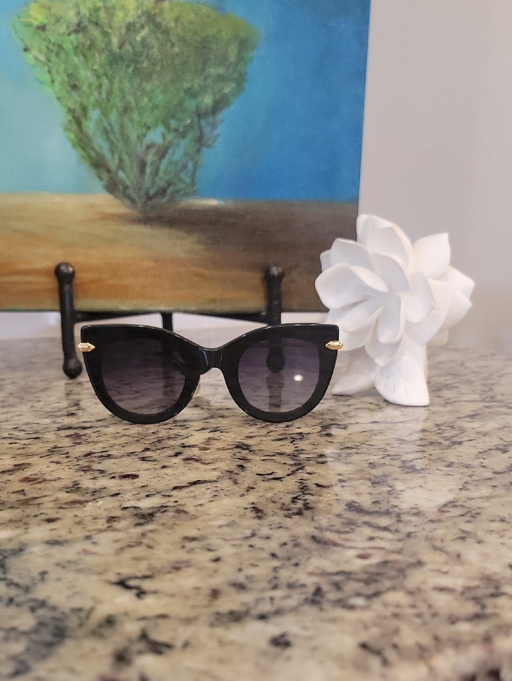 KREWE Black Cat-Eye Sunglasses with Gold Accents